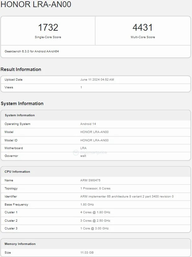 HONOR Magic V Flip Листинг Geekbench